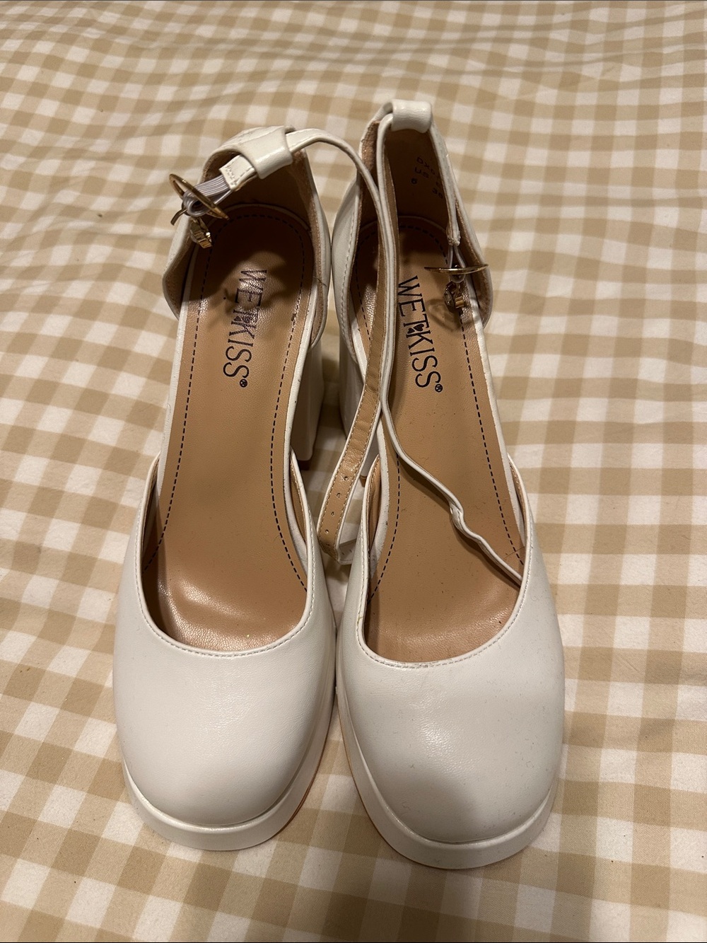 Kiss White Ankle-Strap Block Heel Pumps